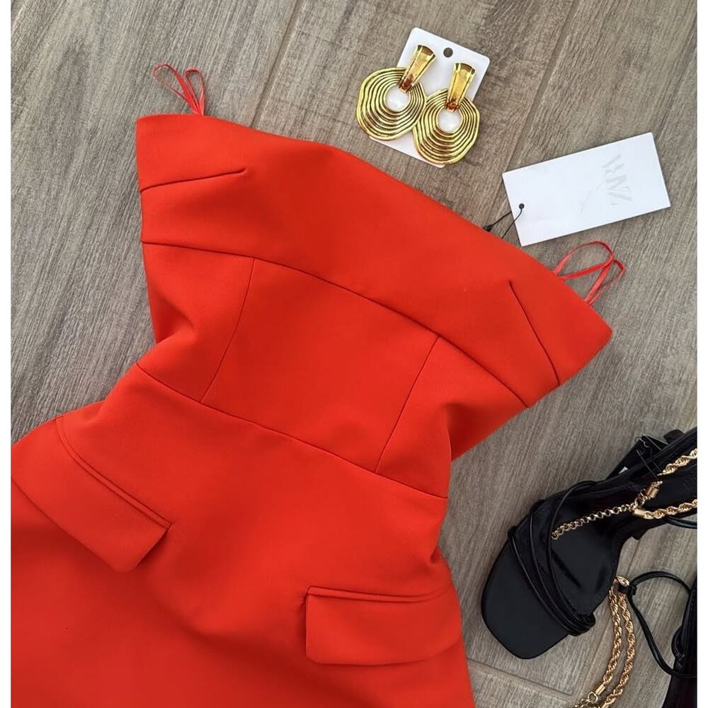 Zara Strapless Structured Mini Dress NWT Red Orange Skort Dress Size L - Picture 15 of 16